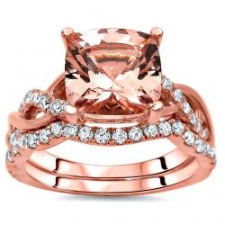 2 2/5 TGW Cushion Morganite Diamond Engagement Ring Set Rose Gold - Handcrafted By Name My Rings™