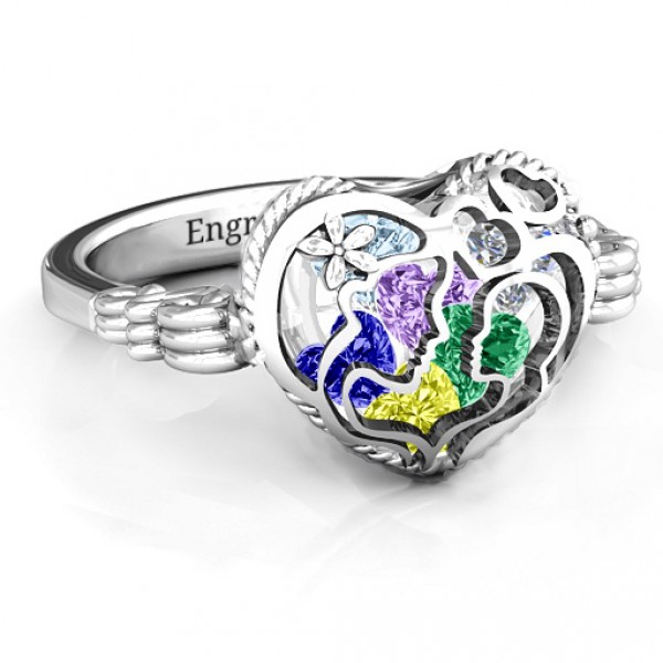 Personalised Mother and Child Caged Hearts Ring with Butterfly Wings Band - Handcrafted By Name My Rings™