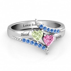 Personalised Diagonal Dream Ring With Heart Stones - Handcrafted By Name My Rings™